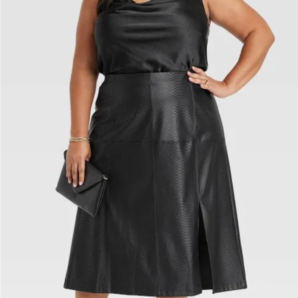 Black Faux Leather Midi Skirt